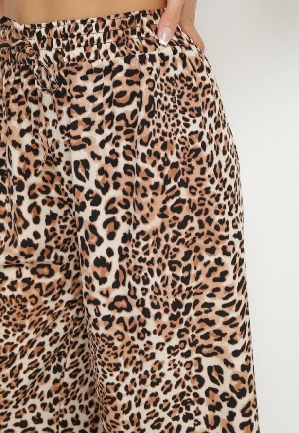 Beżowo-Brązowe Spodnie o Szerokim Kroju z Gumką w Talii w Panterkę Filassena
