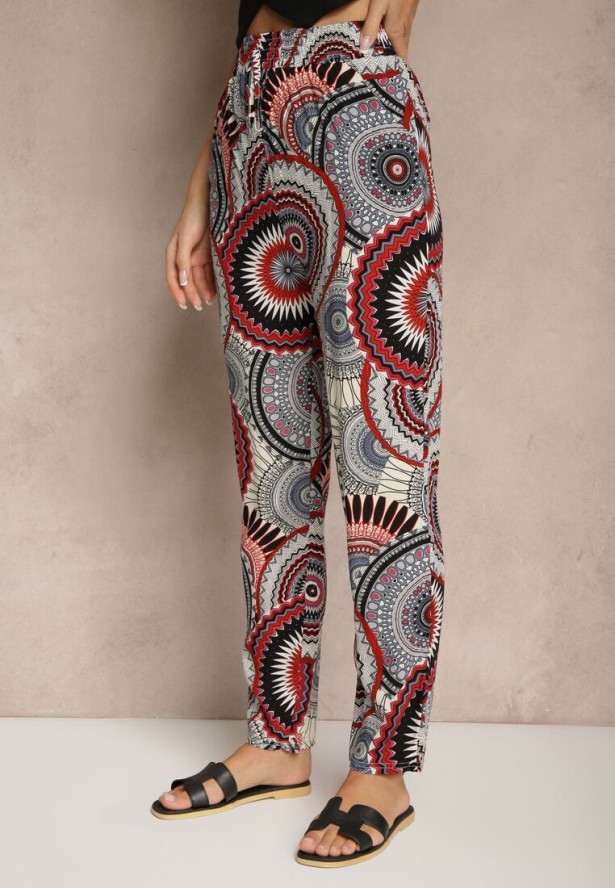 Czerwone Szerokie Spodnie z Bawełny High Waist w Abstrakcyjny Wzór Jorivaess