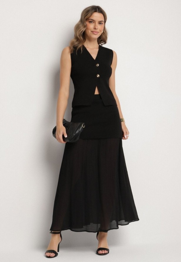 Czarny Elegancki Komplet z Kamizelką i Długą Spódnicą Wenelle