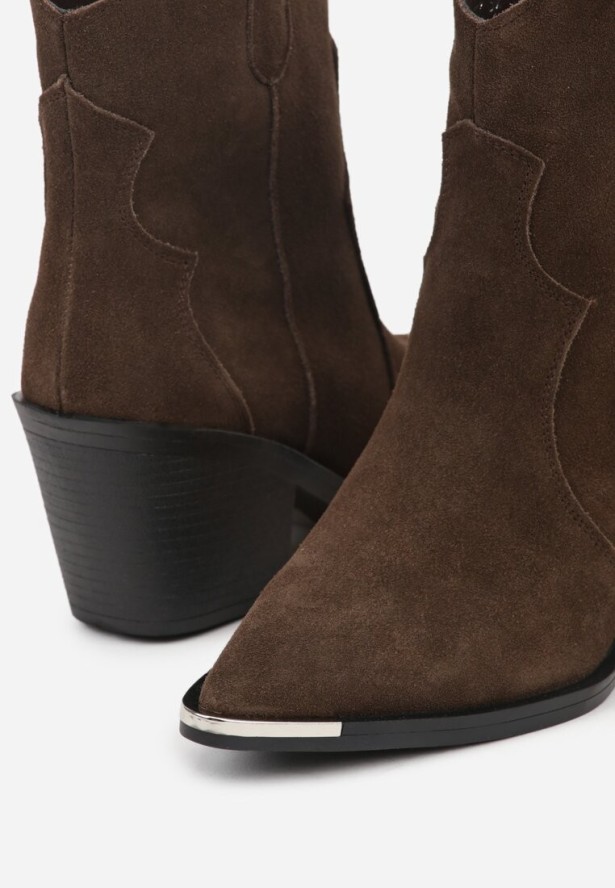 Ciemnobrązowe Botki Kowbojki ze Skóry Naturalnej Zdobione Metalicznym Noskiem Saberra