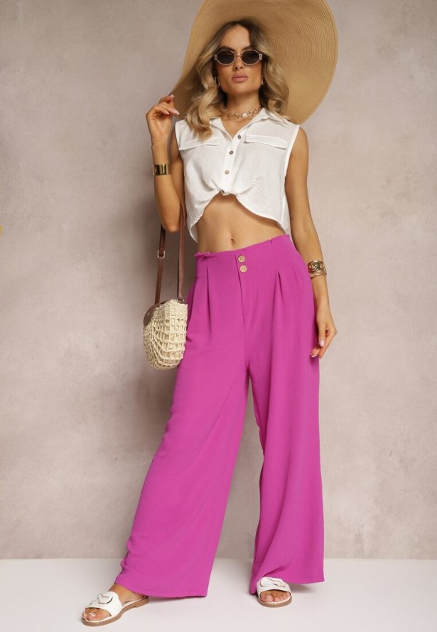 Fioletowe Spodnie w Stylu Alladynek High Waist Wykończone Gumką w Pasie Riselma