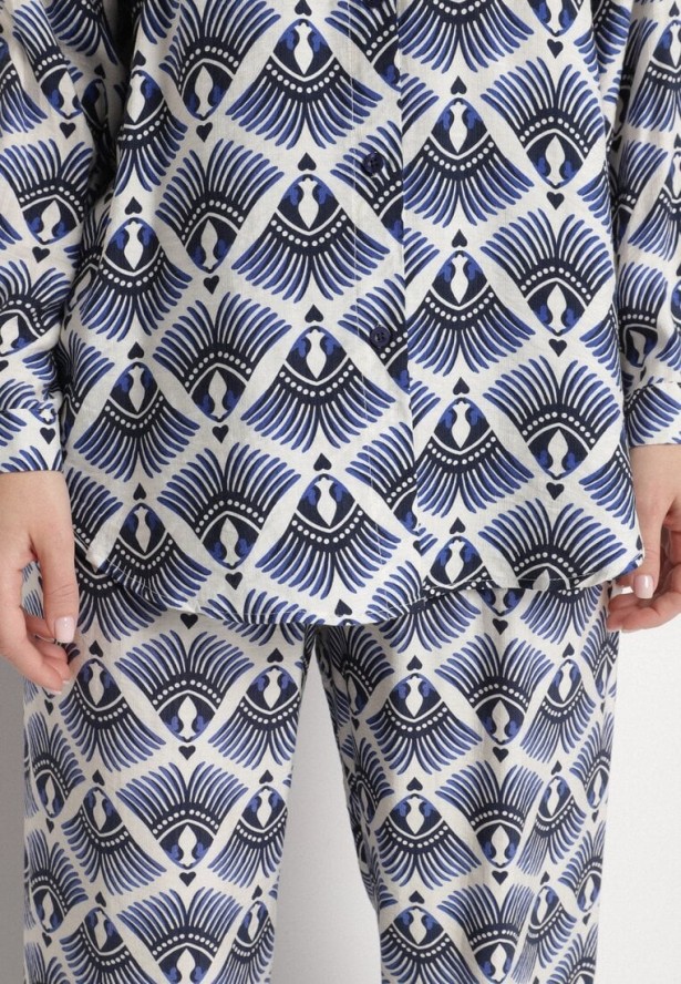 Niebieski Komplet z Wiskozą w Etniczny Wzór Szerokie Spodnie i Koszula Elezaria