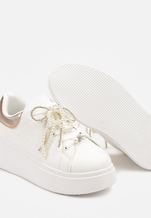 Biało-Szampańskie Sneakersy na Platformie z Perełkami i Metalowymi Kuleczkami Selavia