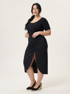 Spódnica midi z marszczeniem i rozcięciem Plus Size - czarny
