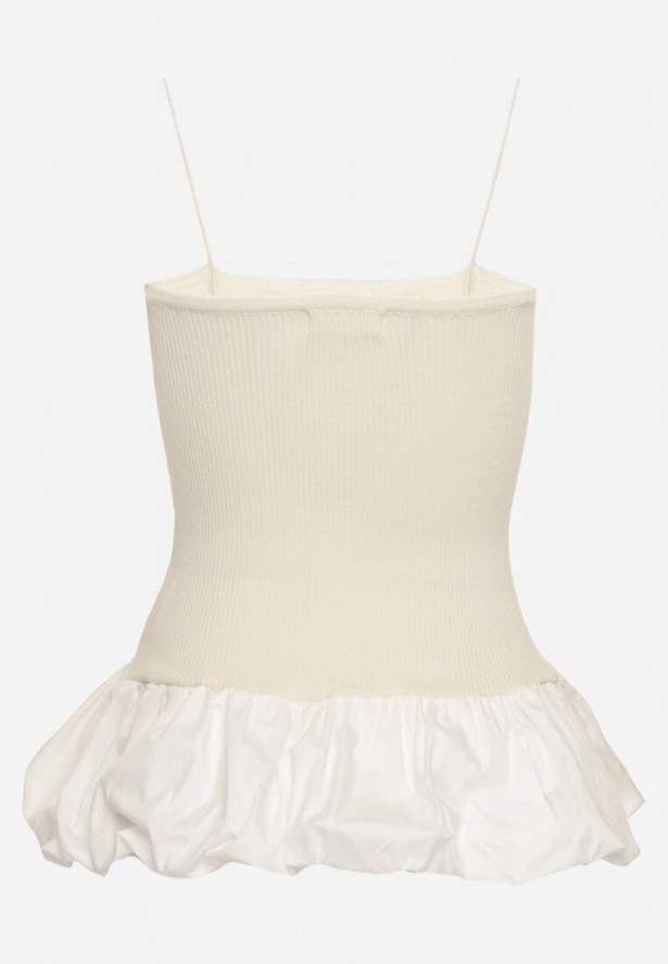 Beżowy Prążkowany Top z Ozdobną Falbanką Alutte