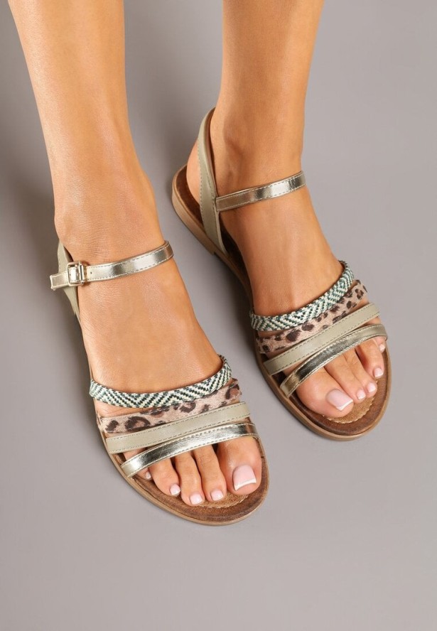 Zielono-Beżowe Sandały z Ozdobnymi Paskami i Panterką Xalvania