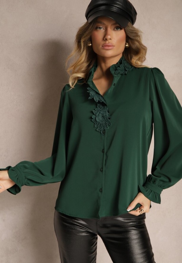 Ciemnozielona Koszula Ozdobiona Koronką i Stójką Zeanizia