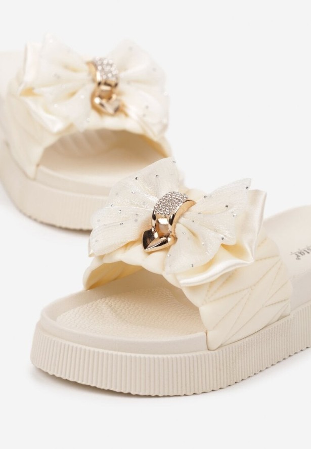 Beżowe Klapki na Grubej Podeszwie z Ozdobną Kokardą Kinnela