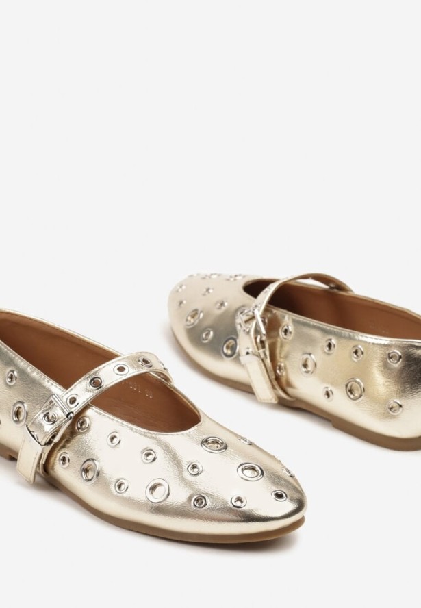 Złote Balerinki w Metalowe Okręgi ze Sprzączką Lialitte