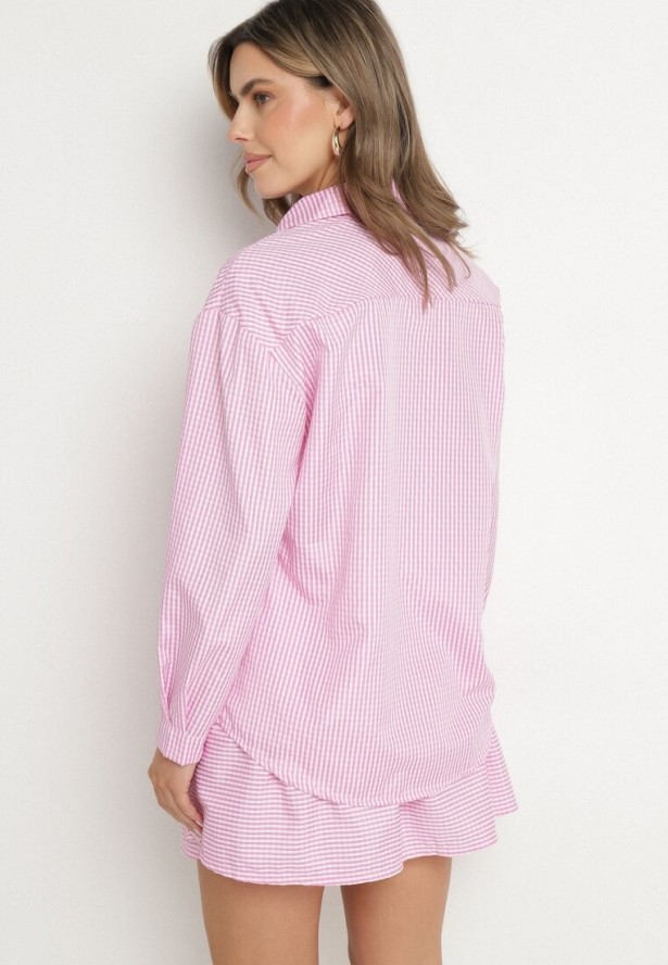 Różowy Komplet Koszula i Rozkloszowana Spódnica Novarene