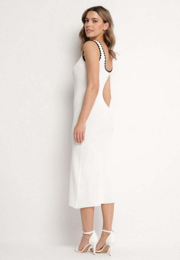 Biała Sukienka Dzianinowa o Taliowanym Kroju na Ramiączkach z Lamówką Zenlimi