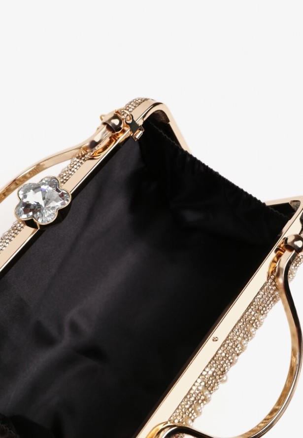 Złota Torebka Kopertówka Ozdobiona Perełkami i Cyrkoniami Fessurea