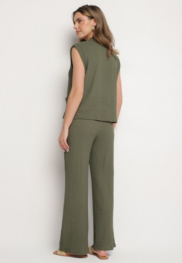 Ciemnozielony Komplet Bluzka Bez Rękawów Zdobiona Broszkami i Szerokie Spodnie Sadaniae