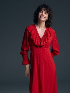 Satynowa sukienka z żakardowym wzorem - czerwony