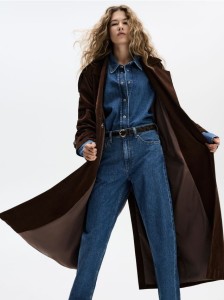 Sztruksowy trencz z paskiem - ciemnobrązowy