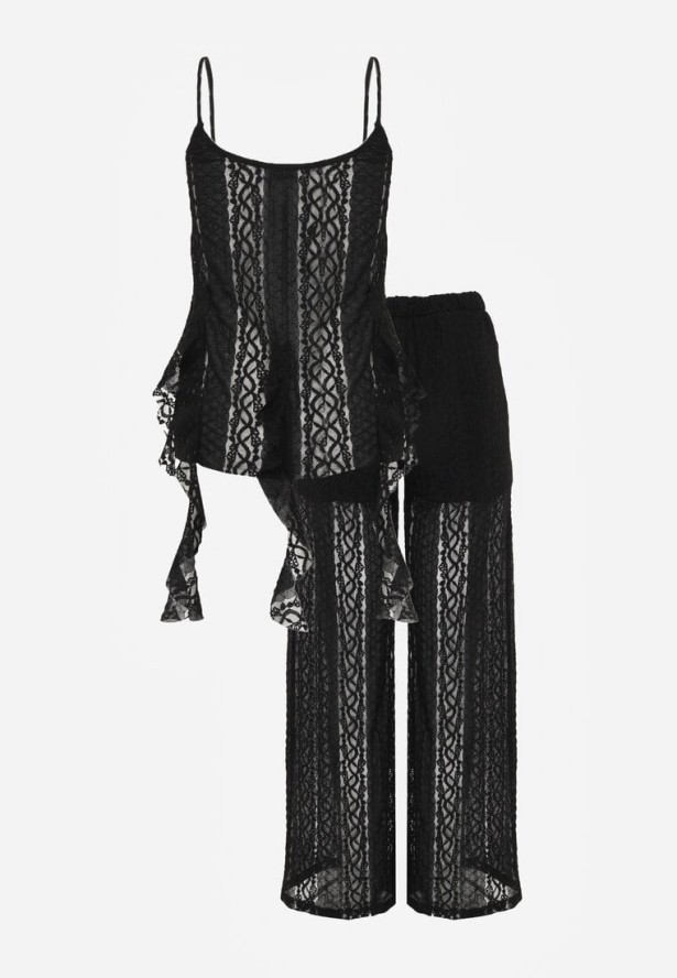 Czarny Eteryczny Komplet z Koronką i Falbankami Top i Spodnie Wide Leg Pretilaine