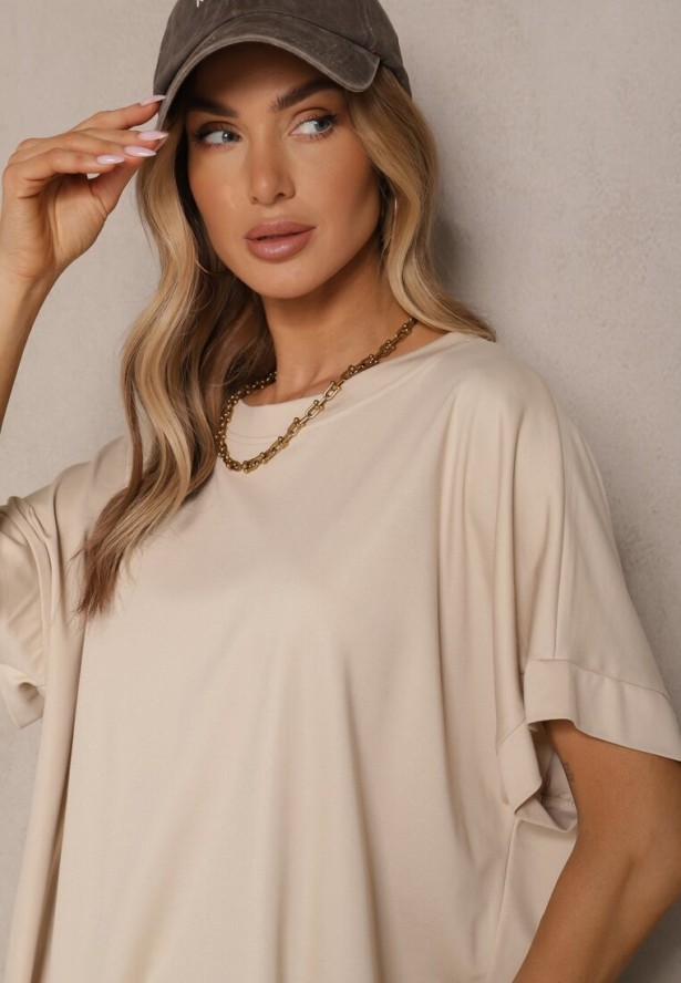 Beżowy T-shirt z Wiskozą o Fasonie Nietoperza Tanalitha