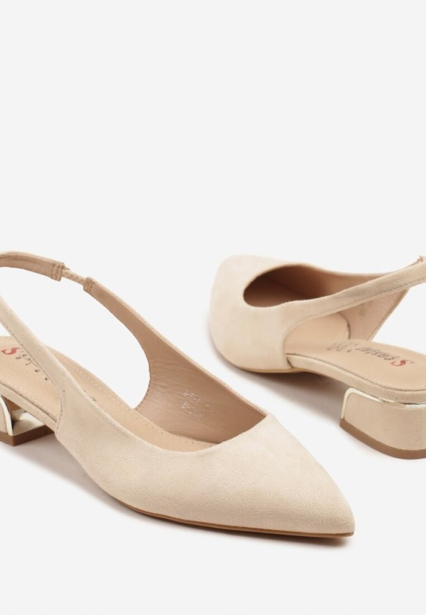 Beżowe Sandały Bez Pięty ze Skórzaną Wkładką i Metaliczną Aplikacją Weolira