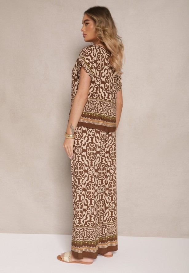 Ciemnobrązowy Komplet Spodnie i Bluzka z Bawełny w Ornamentalny Print Nanitria