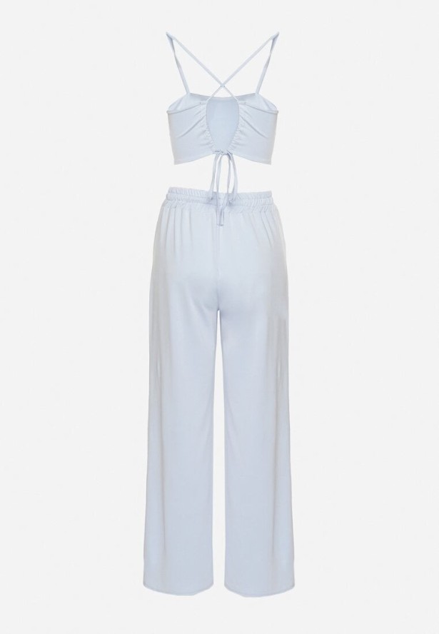 Niebieski Komplet z Wiskozą Top z Wiązaniem i Szerokie Spodnie z Rozcięciami Zirellia