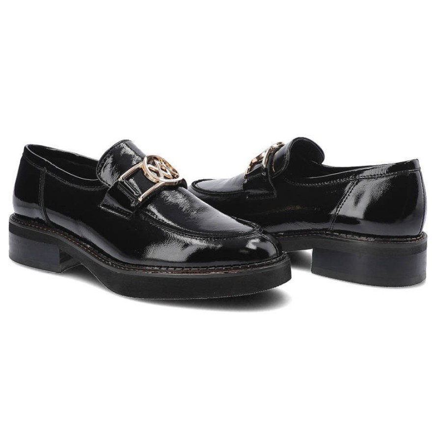 Półbuty damskie Karino, naturalna skóra licowa o lakierowanym wykończeniu z paskiem na podbiciu z metalową aplikacją oraz solidną podeszwą, czarne, 3