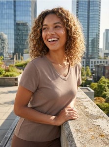 Bawełniana koszulka z dekoltem V - beżowy