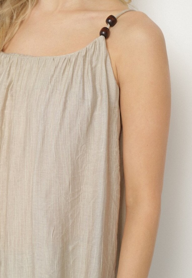 Beżowy Top z Wiskozą Ozdobiona Koralikami Emiriona