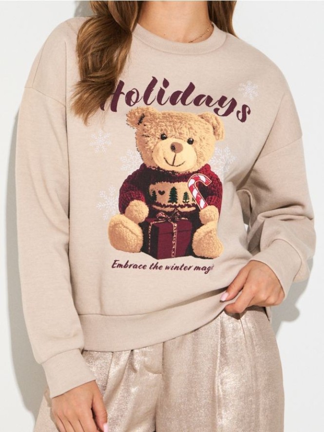Bluza crewneck z motywem świątecznym - beżowy
