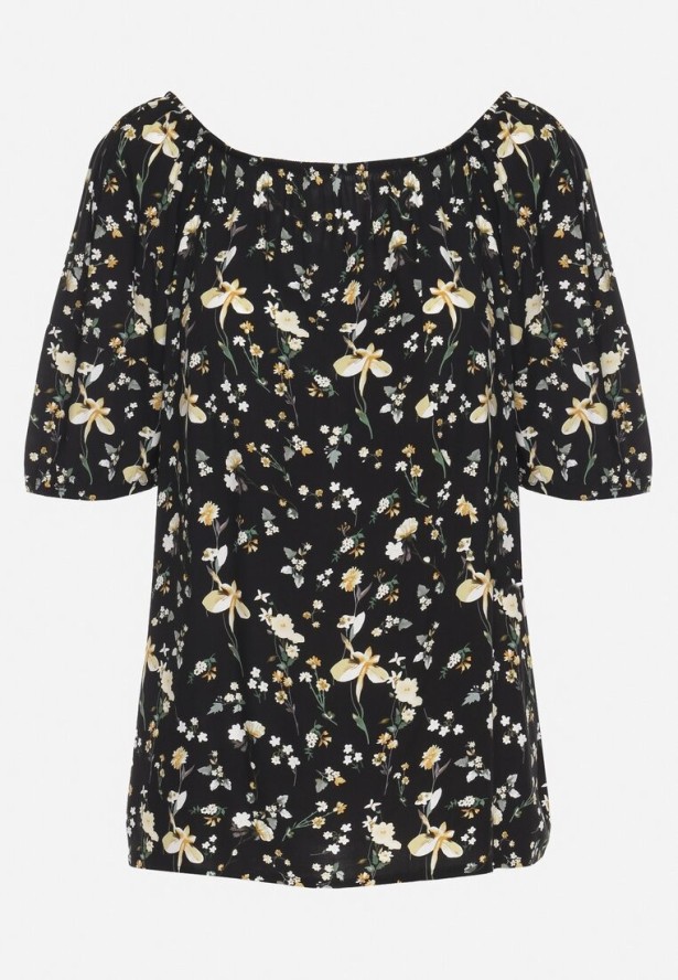 Czarna Bluzka ze Sztucznego Jedwabiu w Kwiaty Lisanithea