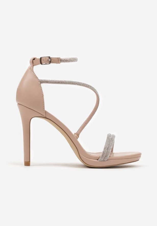 Beżowe Sandały Szpilki Zdobione Cyrkoniami Zapinane na Sprzączkę Ralisen