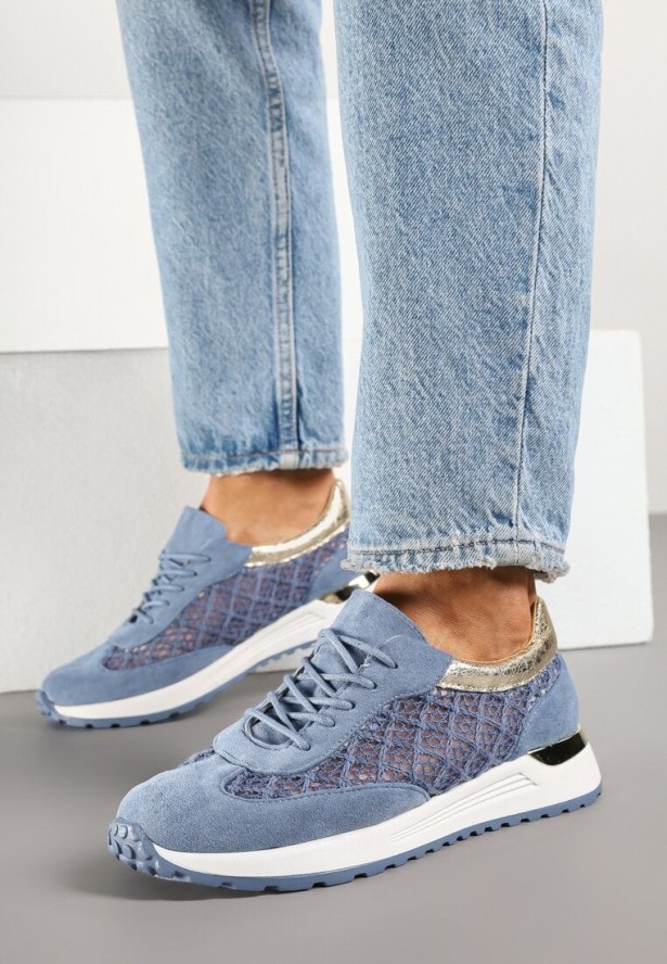 Niebieskie Sneakersy z Ażurowym Zdobieniem i Metalicznymi Wstawkami Sesovienna