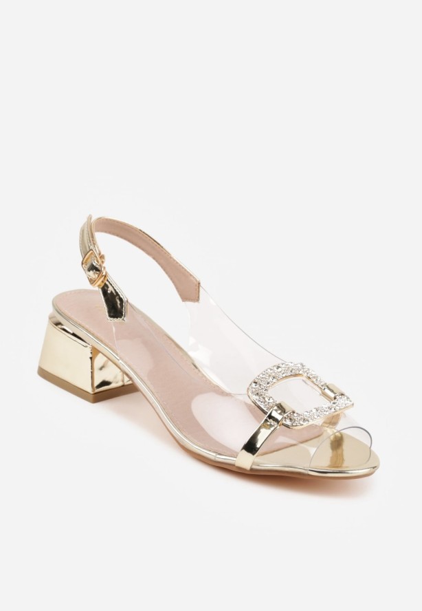 Złote Eleganckie Sandały VICES z Transparentną Cholewką i Klamrą z Cyrkoniami Qinieth