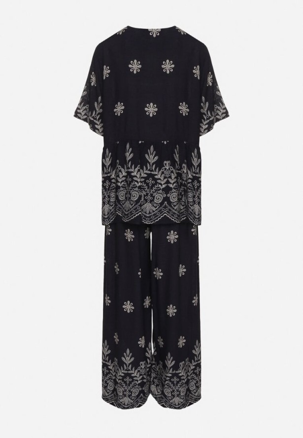 Granatowy Wiskozowy Komplet Bluzka z Wiązaniem i Spodnie Lunavelia