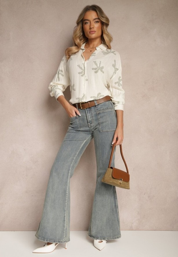 Biała Koszula z Wiskozy z Lnem w Liściasty Wzór Tatheia