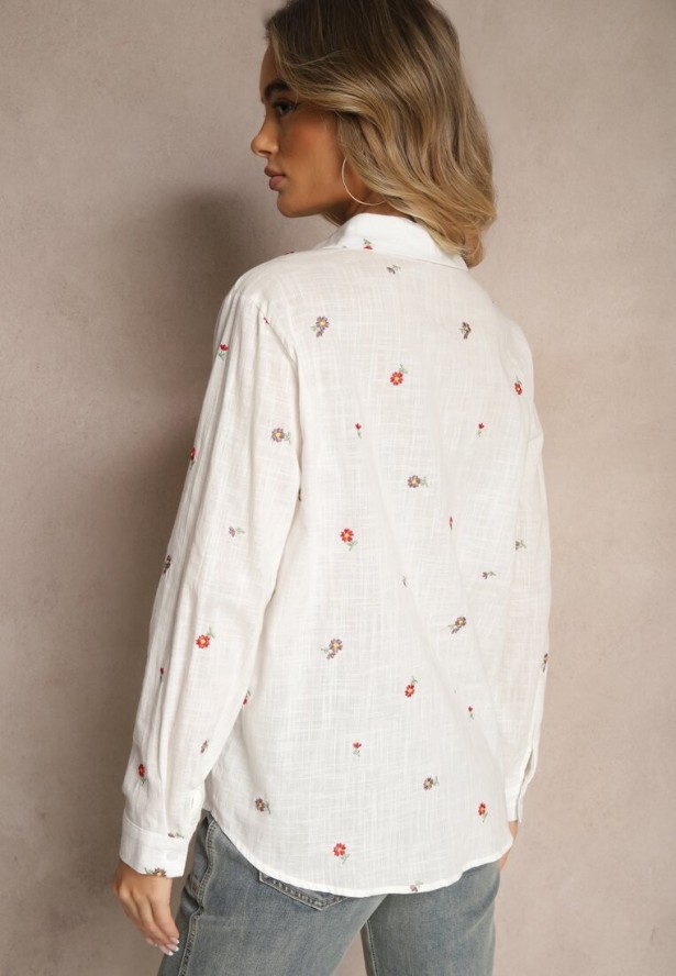 Biała Wiskozowa Koszula Ozdobiona Kwiatowym Haftem Vilreis