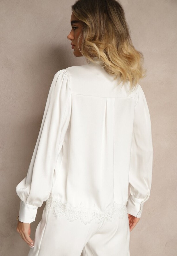 Biała Bluzka Wiązana Przy Dekolcie z Ażurową Koronką na Dole Haliritia