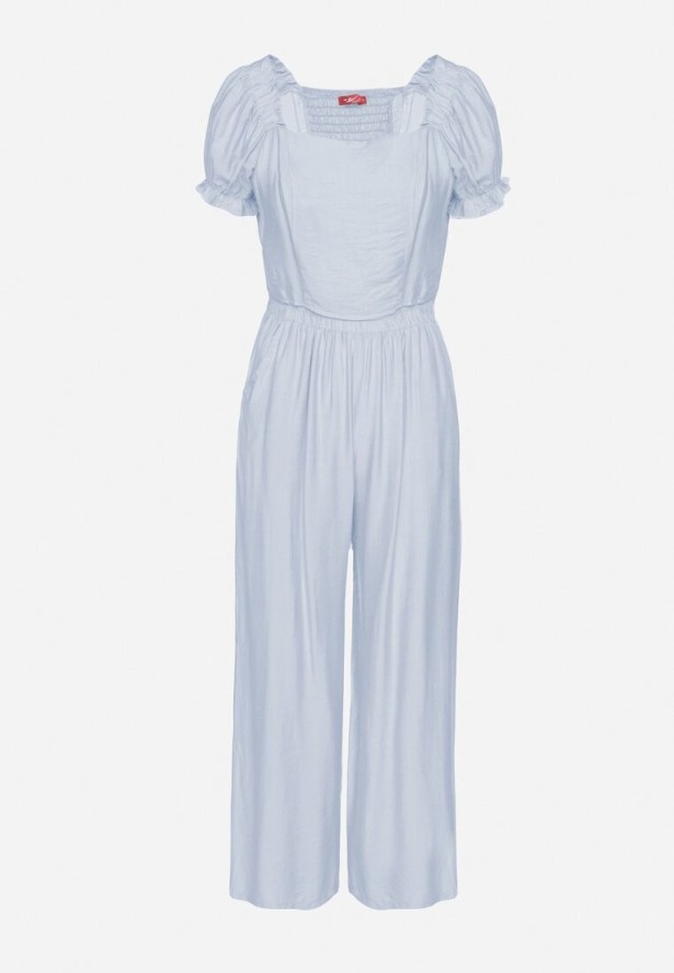 Jasnoniebieski Wiskozowy Komplet Spodnie o Szerokim Kroju i Top Heltebia