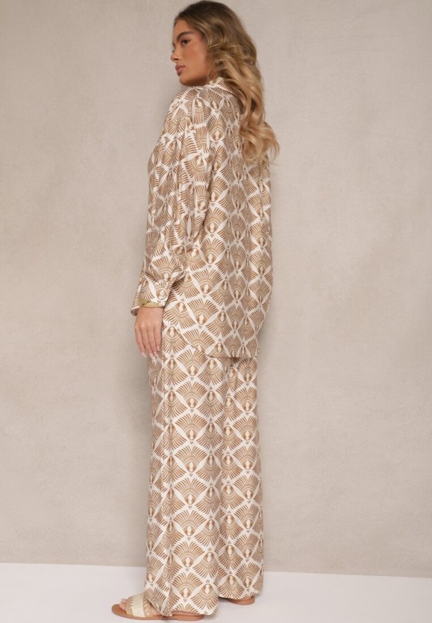 Beżowo-Brązowy Komplet z Wiskozy Koszula i Spodnie w Ornamentalny Print Desanelia