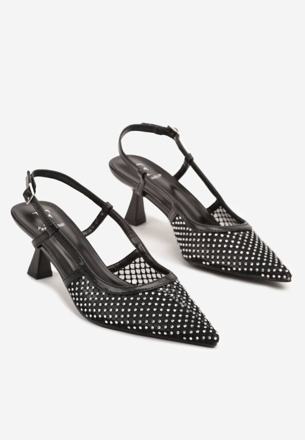 Czarne Sandały na Kaczuszce Slingback z Siateczkową Cholewką i Cyrkoniami Velionna