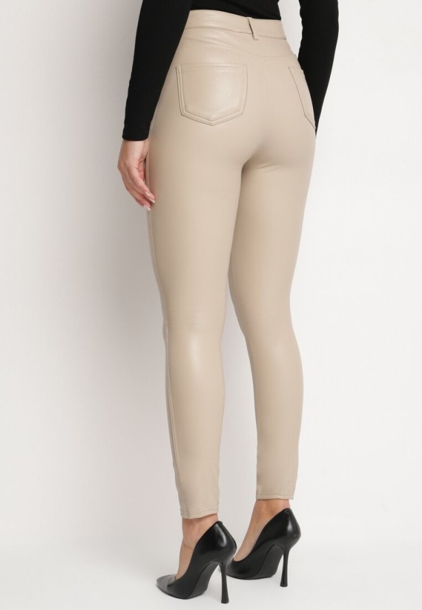 Beżowe Dopasowane Spodnie z Imitacji Skóry Viremi