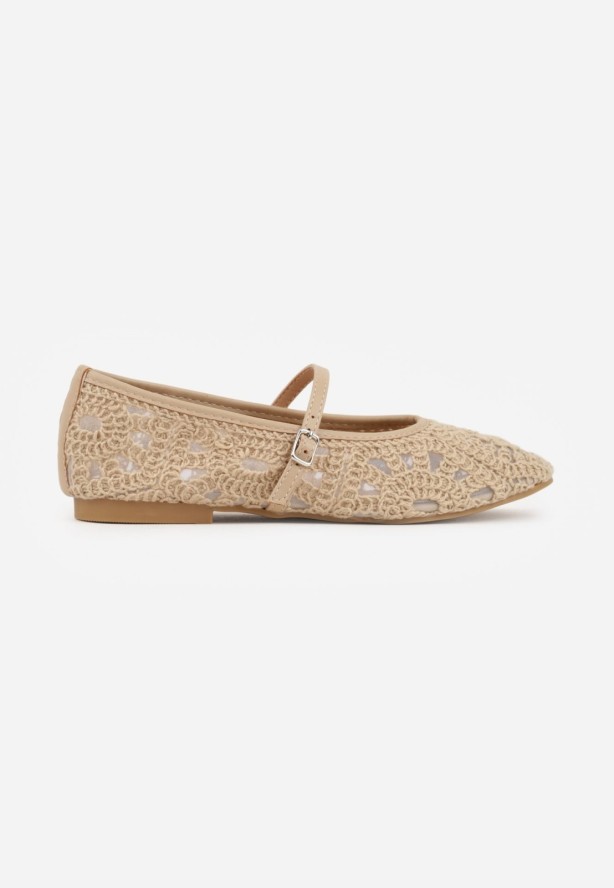 Ciemnobeżowe Plecione Balerinki Boho w Stylu Mary Jane z Siateczki Raithea