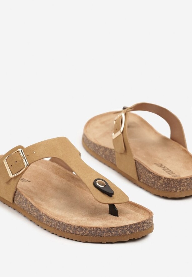 Ciemnobeżowe Klapki Japonki na Podeszwie z Imitacji Korka Idessa