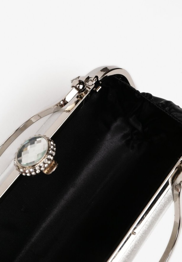 Srebrna Torebka Kopertówka z Metalowymi Rączkami i Łańcuszkiem na Zatrzask z Cyrkoniami Neliaira