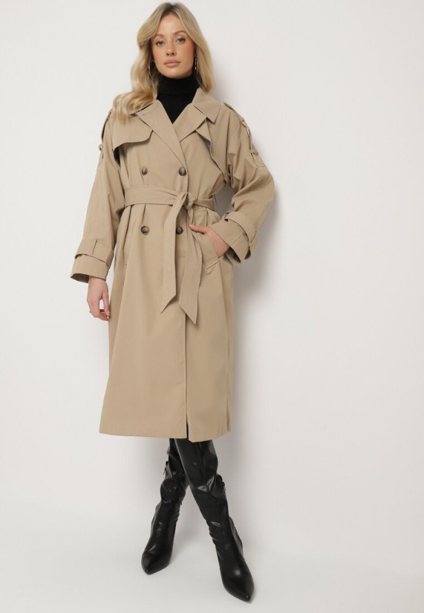 Ciemnobeżowy Dwurzędowy Płaszcz Trencz z Wiązanym Paskiem Rozcięciem i Klapą Terezi