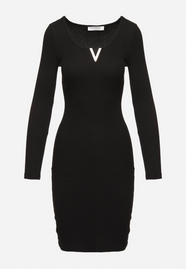 Czarna Prążkowana Sukienka Dopasowana z Bawełny z Ozdobną Wstawką przy Dekolcie Delamith