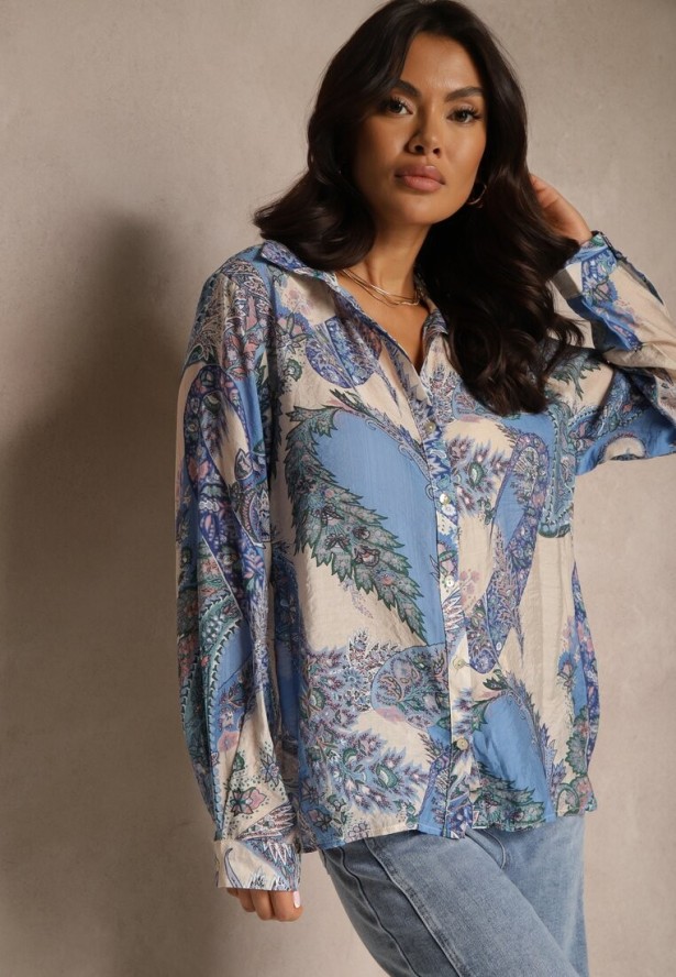 Niebieska Koszula z Wiskozą o Klasycznym Kroju w Ornamentalny Print Arasira