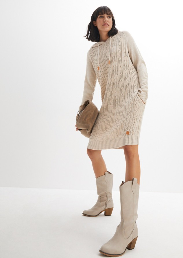 Sukienka dzianinowa z kapturem, we wzór w warkocze