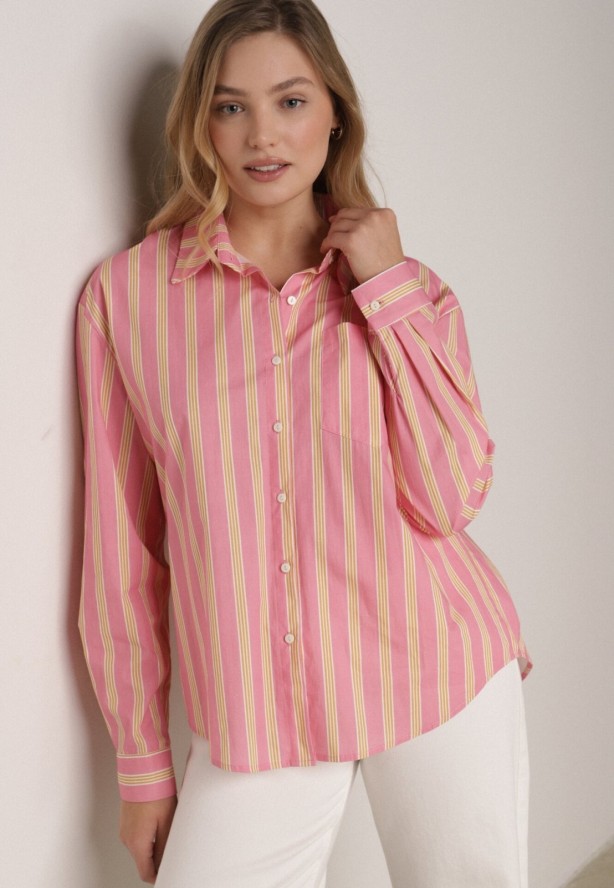Różowa Bawełniana Koszula o Kroju Oversize Ozdobiona Pionowymi Paskami Ulialia
