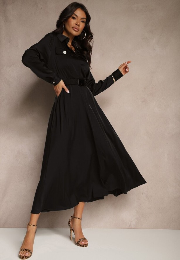 Czarna Satynowa Sukienka w Stylu Szmizjerki z Imitacjami Kieszeni i Paskiem Vaminay