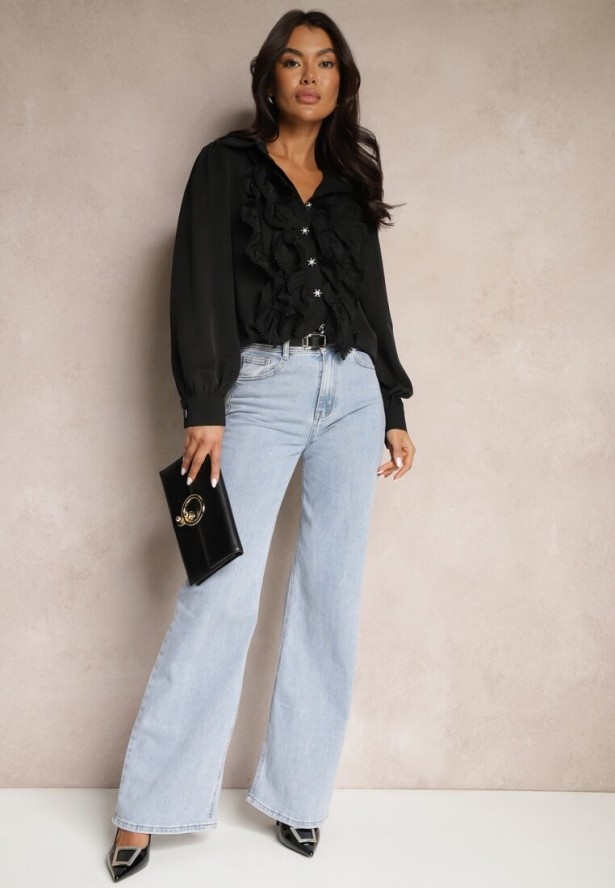 Czarna Elegancka Koszula z Cyrkoniami Falbanami i Biżuteryjnymi Guzikami Delthra